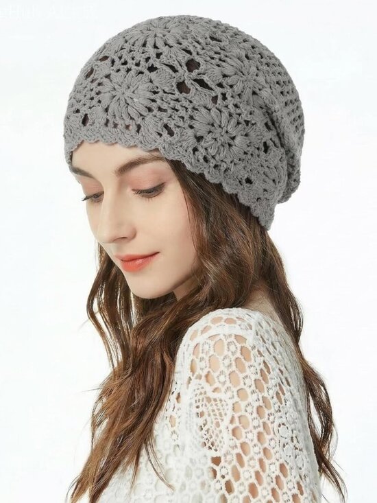 Women\'s Cotton Crochet Slouchy Beanie Hat Knit Summer Skull Cap Solid Grey main image 4